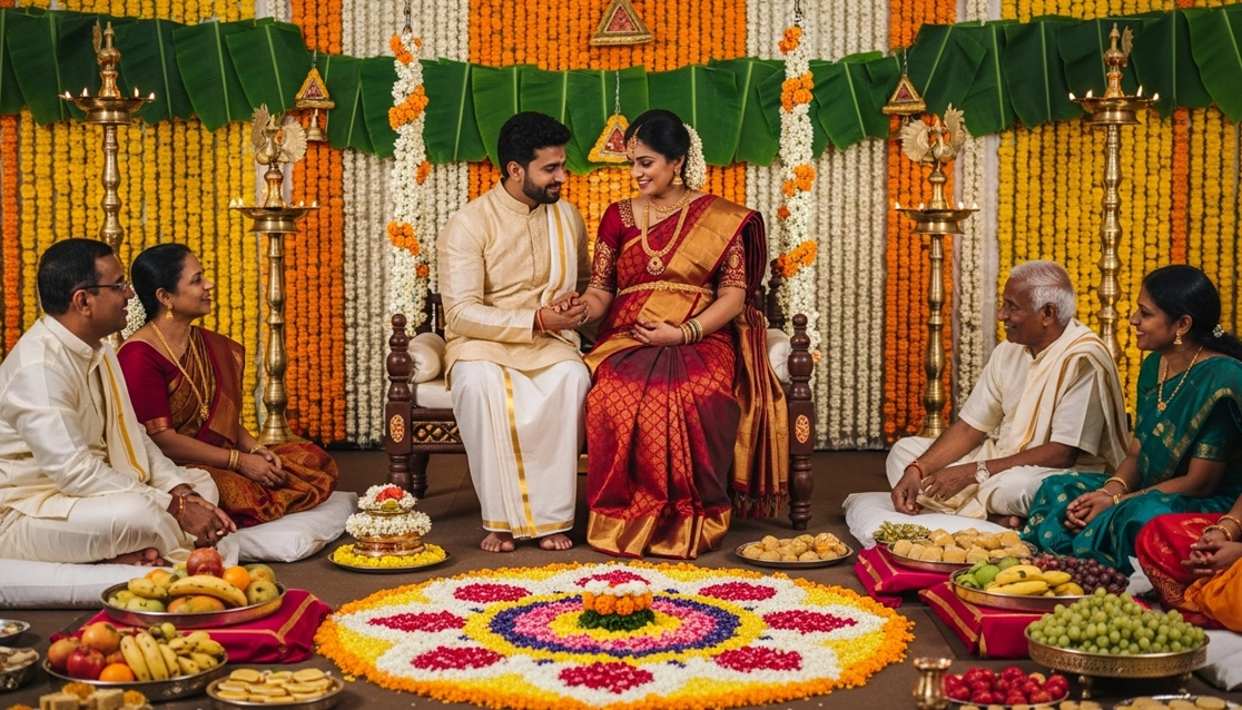 Traditional baby shower event setup in Trichy with floral decor, rituals, seating, & stage setup